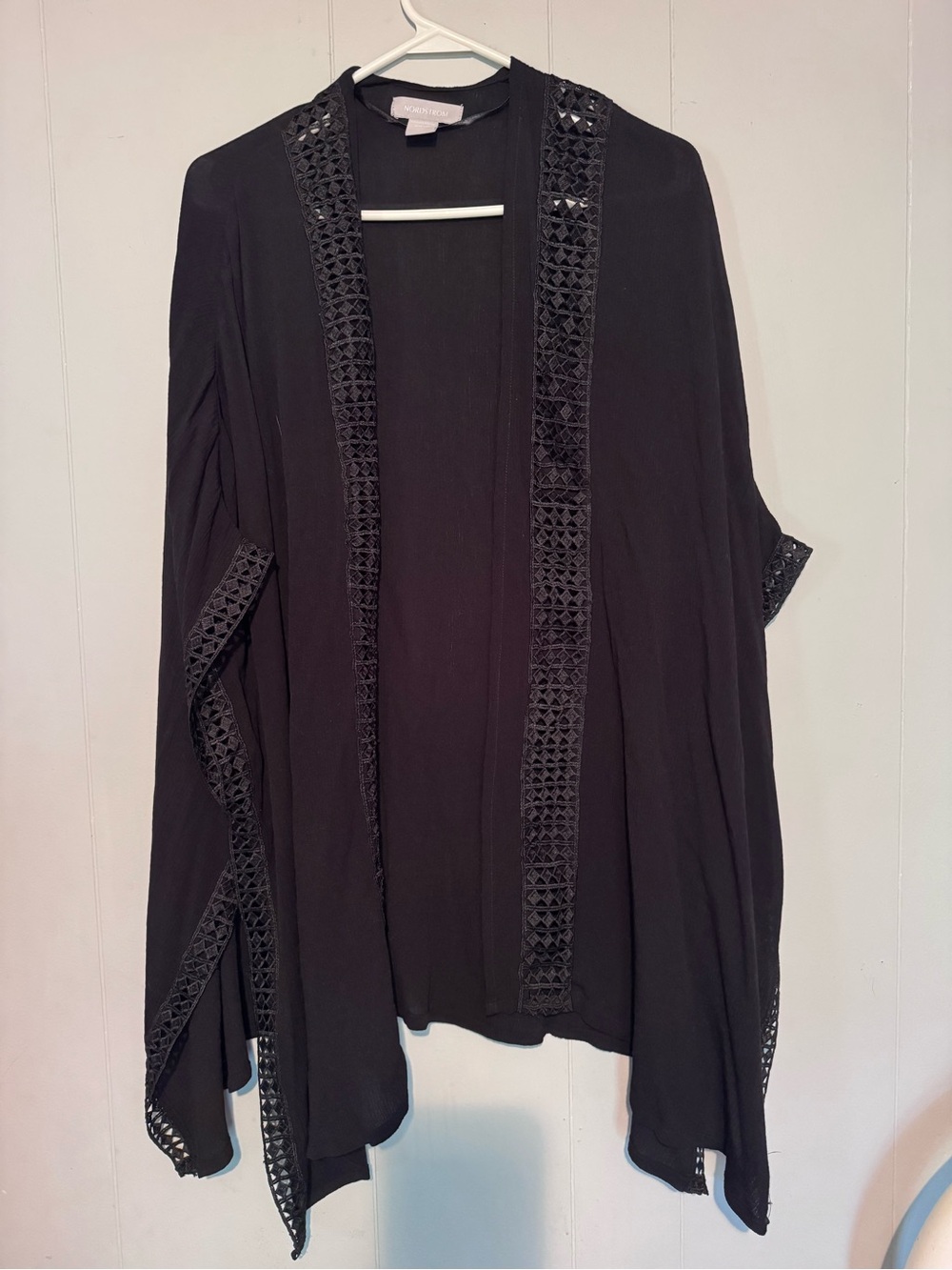 Nordstrom Black Open-Front Crochet-Trim Kimono